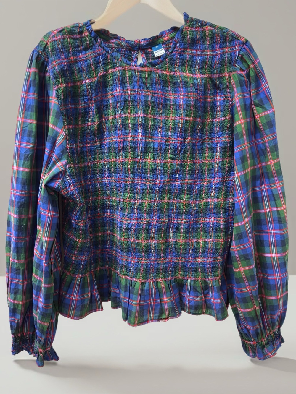 Women’s Plaid Smocked Peplum Top - Blue & Green Multicolor XL